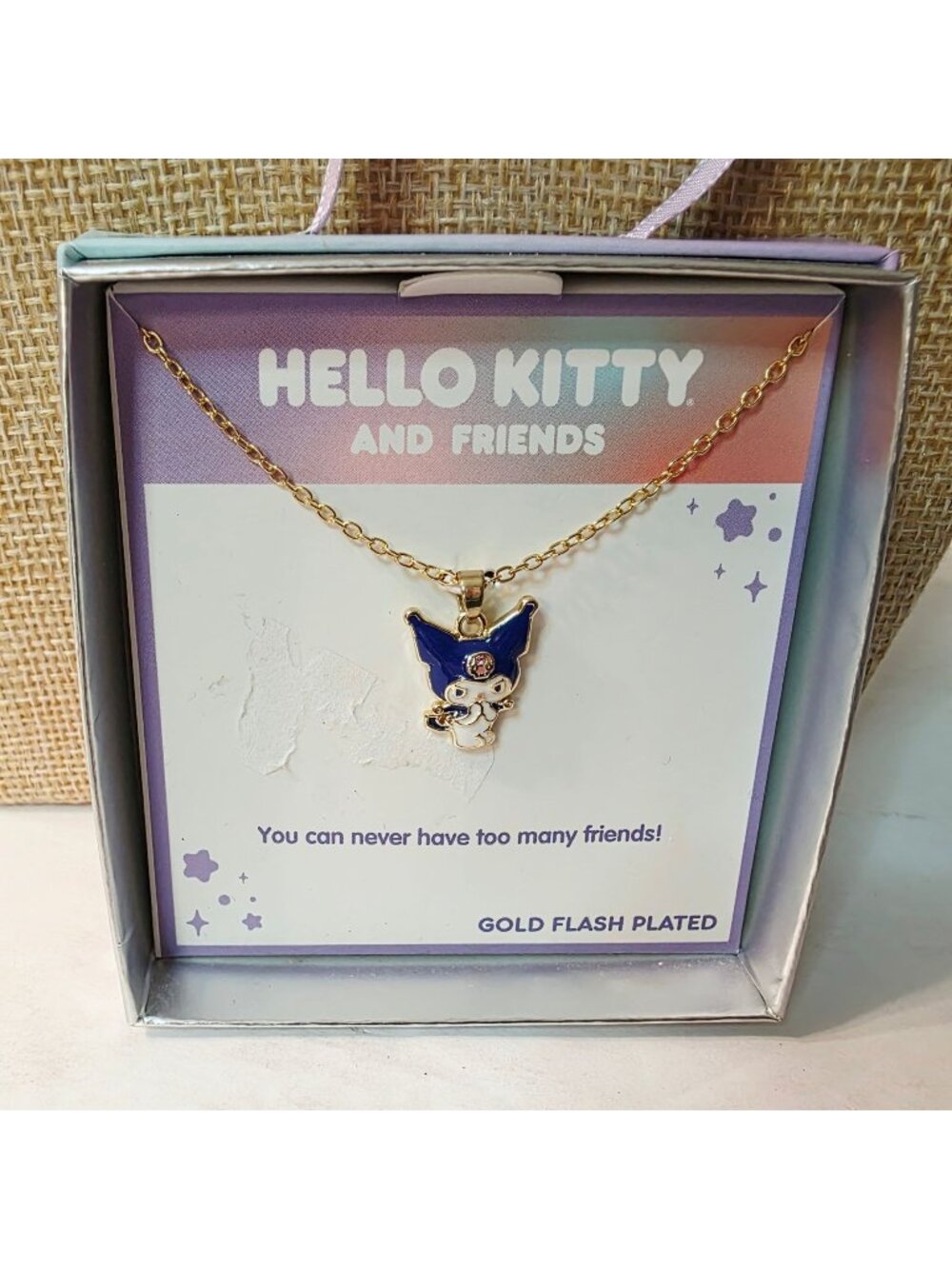 Hello Kitty Friends KUROMI Crystal Purple Enamel Charm Gold Plated Necklace